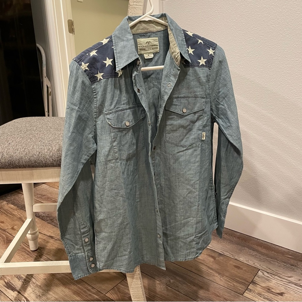 Commander Life long sleeve, denim western shirt with patriotic, Americana design